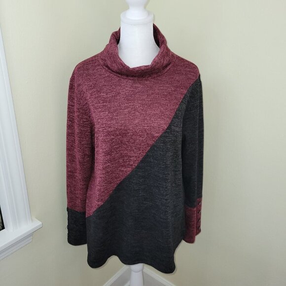 Seven Forty Two Tunic Asymmetric Color Accent Cowl Neck Burgundy Black Marled S - Picture 2 of 13